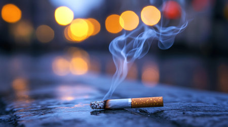 Smoldering cigarette producing smoke laying on a wet surface at night with bokeh lights in the backgroundの素材