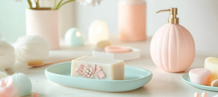 Bar of handmade soap decorated with floral motifs sits on a light green soap dish, surrounded by pastel colored bathroom accessories, creating a serene and stylish atmosphereの素材