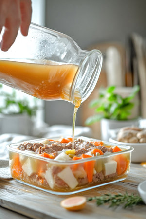 Cook preparing meat aspic by pouring broth into glass container with vegetables and meatの素材
