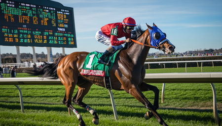 Horse number one winning a horse race at golden gate fields with jockey in red and white silksの素材