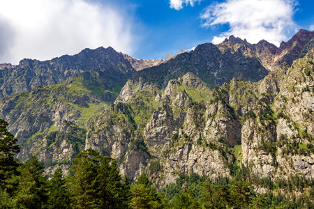Stunning panorama of towering mountain peaks covered in lush greenery under a vibrant blue sky with fluffy white cloudsの写真素材