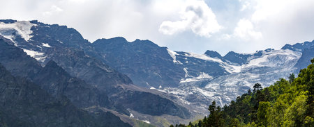 Panoramic view of a melting glacier covering mountain tops in summer with a lush green forest in the foregroundの写真素材