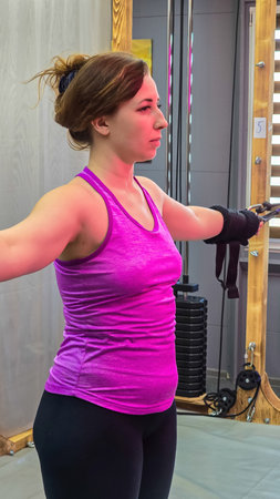 Woman exercising arms with cable machine in gymの写真素材