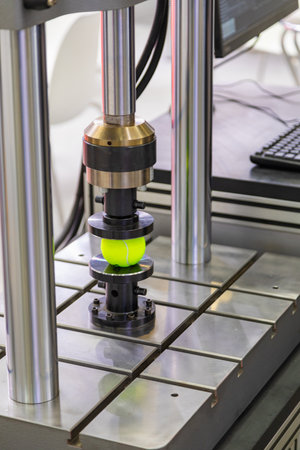 Universal testing machine pressing tennis ball for quality controlの写真素材