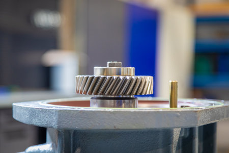Shiny metal gear gleaming in industrial machinery, showcasing the intricacies of precision engineering within the manufacturing processの写真素材