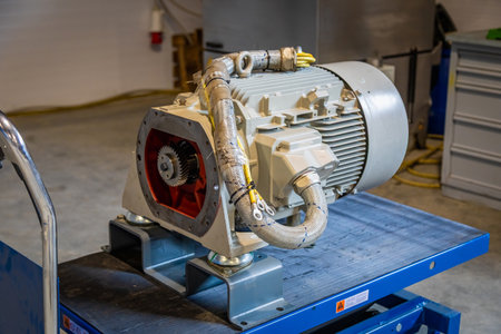 Industrial electric motor with gearbox and wires, placed on a metal table, showcasing its robust...