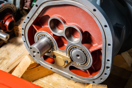 Close up of crosshead of screw compressor showing ball bearings and cylinder block, highlighting industrial maintenance and manufacturing processesの写真素材