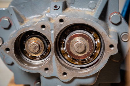 Close up of two bearings exhibiting signs of wear and tear within an industrial gearbox,...