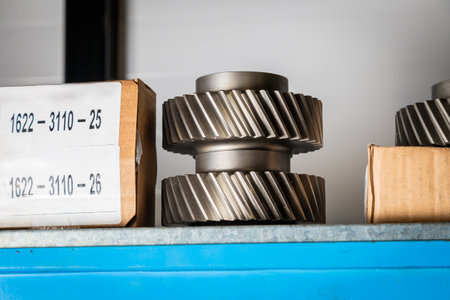 Metal gears sit on a metal shelf in a warehouse next to cardboard boxes, showcasing industrial componentsの写真素材