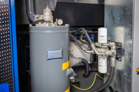 Close up of an industrial air compressor featuring pressure gauges, pipes, filters, and other components, highlighting the complexity of compressed air systemsの写真素材