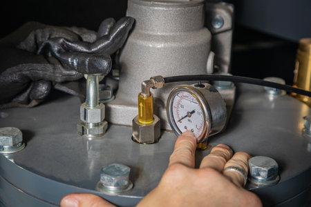 Close up of technician hands checking pressure gauge during maintenance of industrial equipment