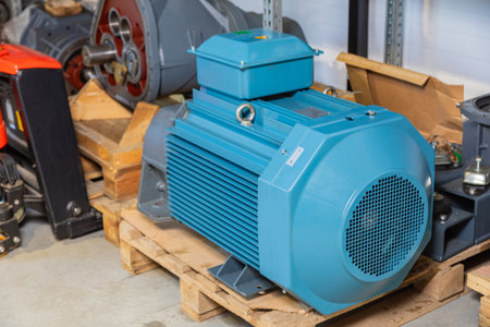 Large, blue electric motor sits on a wooden pallet, ready for use or installation in an industrial...