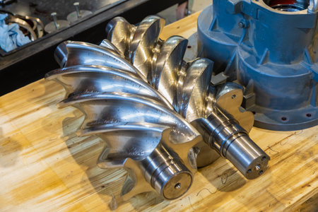 Brand new screw compressor rotor lies on a wooden workbench, showcasing its intricate design and gleaming finishの写真素材