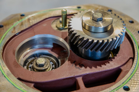 Metal gear and bearings are shown inside industrial machine housing, highlighting precision...