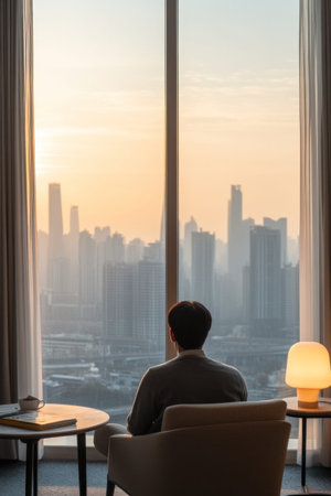 Businessman sitting in armchair enjoying sunset view over modern cityscape through large window in hotel roomの素材