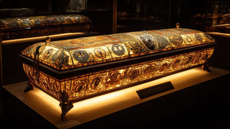 Ornate golden reliquary displayed on pedestal, illuminated from below in dark museum, showcasing intricate craftsmanship and historical significanceの素材