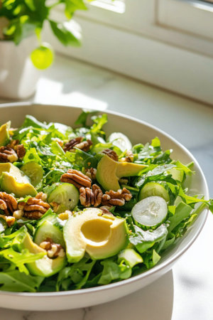 Fresh and healthy green salad with sliced avocado, cucumber, pecan nuts and arugula in a white bowl, promoting a nutritious and balanced dietの素材