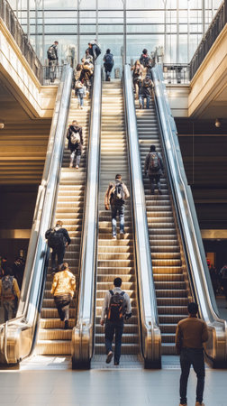 Commuters with backpacks ascending escalators in a modern public transit building, navigating the busy urban environment during rush hourの素材