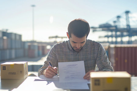 Logistics manager signing documents in a port with cargo and crane in background, shipping and business conceptの素材