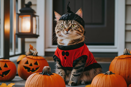 Cute cat wearing halloween costume sitting on a porch surrounded by carved pumpkins and a lit lanternの素材