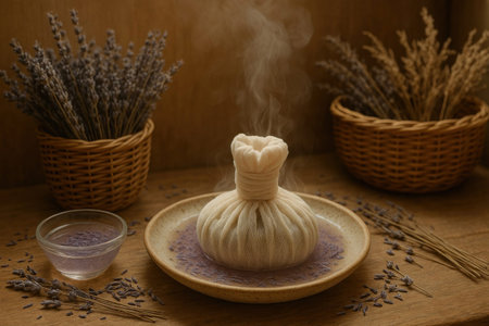 Steaming herbal compress is releasing aromatic lavender essence, creating a tranquil atmosphere perfect for relaxation, aromatherapy, and spa treatmentsの素材