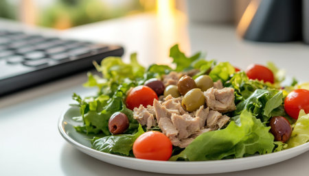 Healthy tuna salad is being served on a white plate for a quick and nutritious lunch at the officeの素材