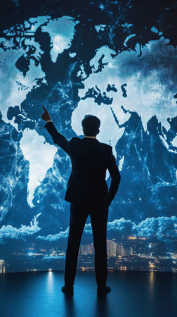 Businessman pointing at interactive world map, planning global expansion strategy in a dark room with a cityscape visible through the mapの素材