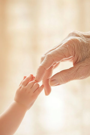 Tiny hand of a newborn baby gently holding the finger of an elderly woman, symbolizing the bond between generationsの素材