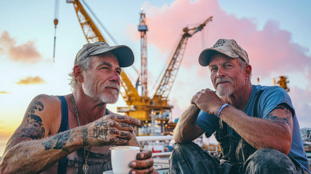 Two oil rig workers enjoying a coffee break against the backdrop of a vibrant sunset and heavy machineryの素材