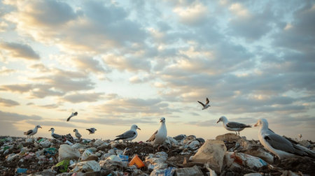 Seagulls are scavenging for food on a massive landfill site overflowing with plastic waste, highlighting the global environmental crisisの素材