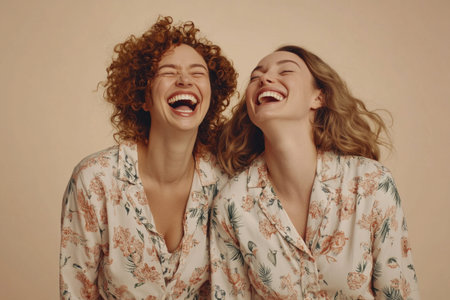 Two cheerful women with curly and wavy hair are laughing hysterically, enjoying a moment of pure joy and amusement while wearing matching pajamasの素材