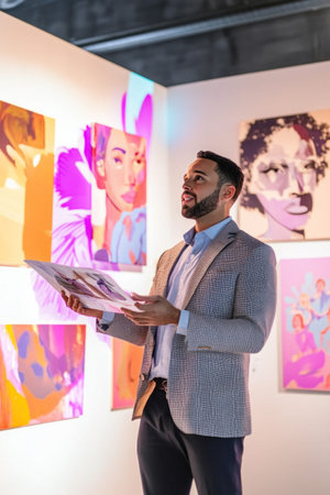 Art curator holding a catalog and gesturing while explaining modern art pieces in a gallery or museumの素材
