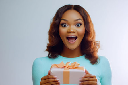 Excited young woman with curly hair, wearing a light blue sweater, showing her surprise while holding a beautifully wrapped giftの素材