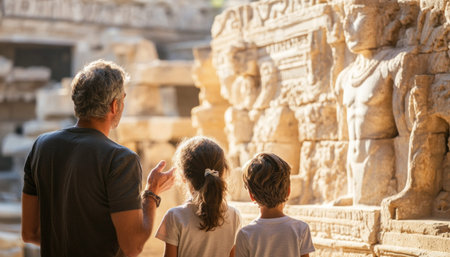 Father and children exploring ancient ruins, admiring historical sculptures and learning about history during summer vacationの素材