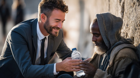 Young businessman offering a bottle of water to a homeless senior man sitting on the street, embodying kindness and compassion in an urban settingの素材
