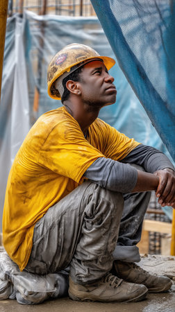 Tired construction worker resting on site, taking a break and looking up at the building progressの素材