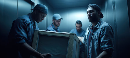 Four movers carefully carrying a large wrapped artwork in a service elevator, ensuring safe transport during relocationの素材