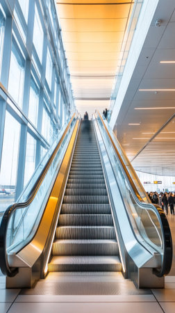 Empty escalator going up in a modern building with large glass windows and warm colored ceiling panelsの素材