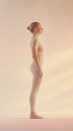 Side view of a young woman practicing yoga, promoting wellness and mindfulness through physical posturesの素材