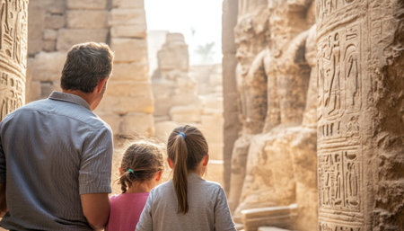 Father and daughters admiring the monumental architecture and hieroglyphic carvings of karnak templeの素材