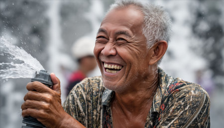 Carefree farmer laughing out loud while spraying water with a hose, enjoying a sunny day of work in the fieldsの素材