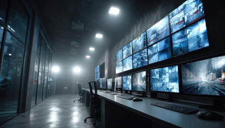 Multiple computer monitors and large screens displaying surveillance footage in a dimly lit control center, ensuring safety and observationの素材