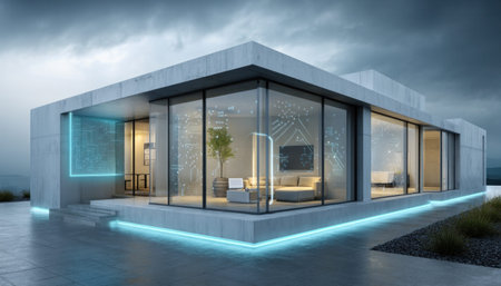 Futuristic smart home showcasing automation and internet of things technologies integrated into a modern architectural designの素材