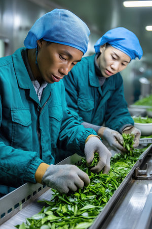 Tea factory workers wearing protective clothing are sorting fresh tea leaves on a conveyor belt, ensuring quality control in the production processの素材