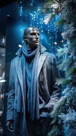 Mannequin displaying a chic winter coat and stylish scarf, enhancing a festive christmas window display filled with holiday cheerの素材