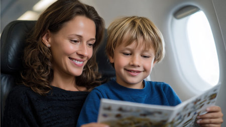 Mother and son sharing smiles while enjoying their flight, reading a brochure together and discovering exciting vacation optionsの素材