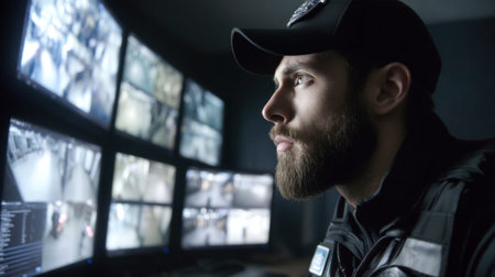 Focused security professional observing video feeds, ensuring safety and protection in control centerの素材
