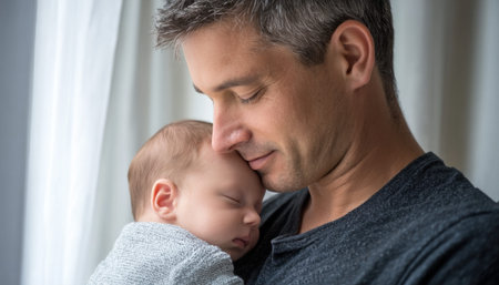 Loving father holding his sleeping newborn baby close to his chest, enjoying a peaceful moment of connection and affectionの素材
