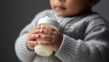 Baby wearing a cozy gray sweater, holding a bottle of milk, sitting against a soft gray background, enjoying a nourishing mealの素材