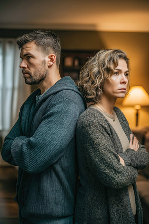 Couple experiencing relationship challenges, standing back to back in their living room, arms crossed, conveying feelings of frustration and distanceの素材